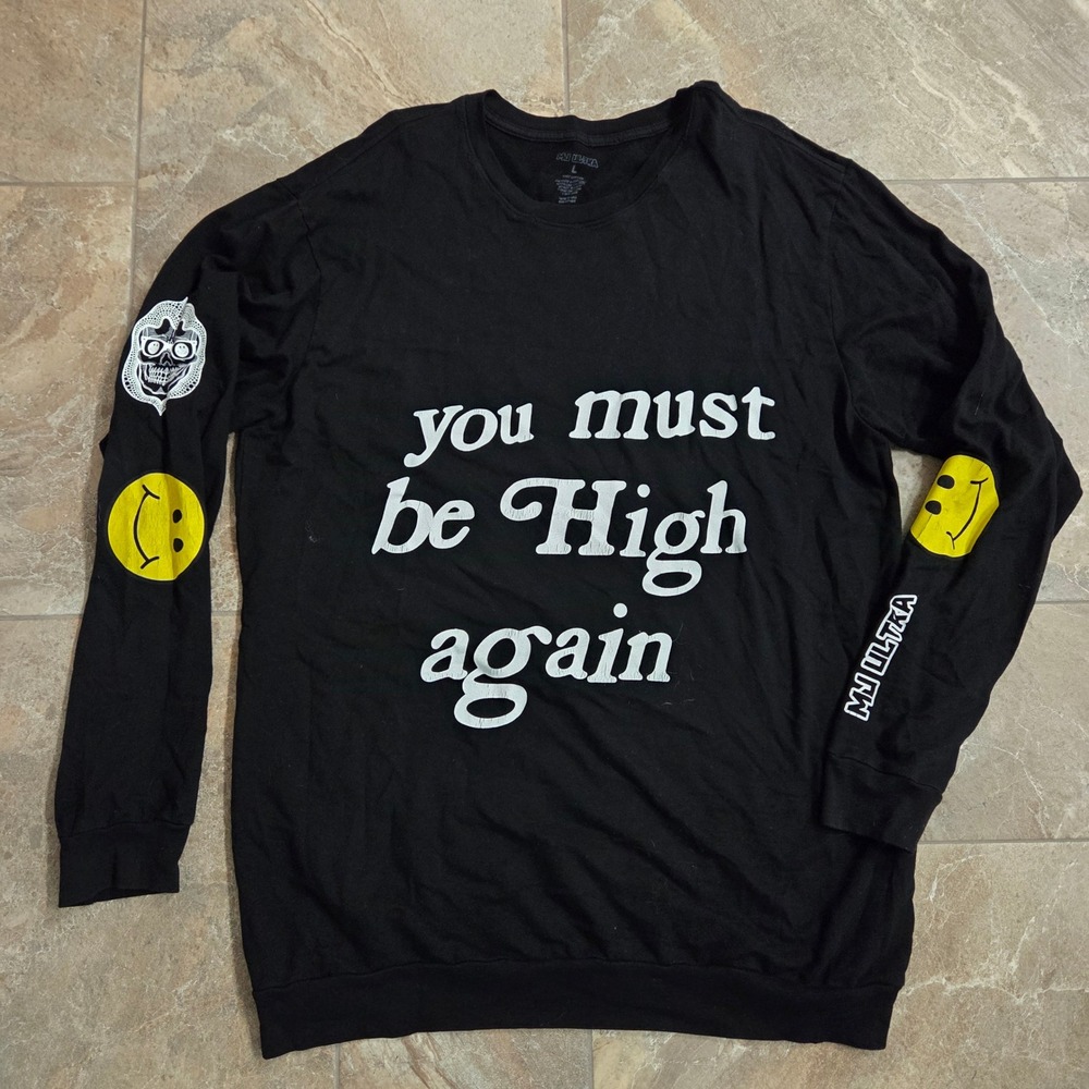 MJ ULTRA Black Long Sleeve Graphic T You Must Be High Again Smiley Skull Mens‎ L